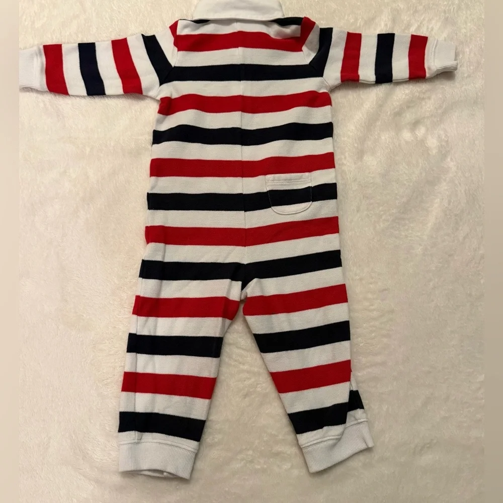 JANIE AND JACK Boys 12-18M One Piece Striped Long Sleeve Romper With Dog Emblem
